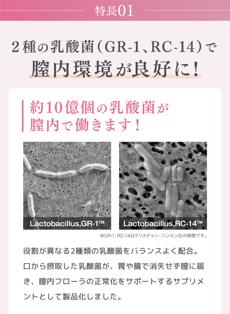 消費者庁届出の2種の乳酸菌(GR-1、RC-14)で膣内環境が良好に!